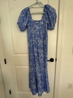 Nine West Blue and White Floral Puff-Sleeve Maxi Dress